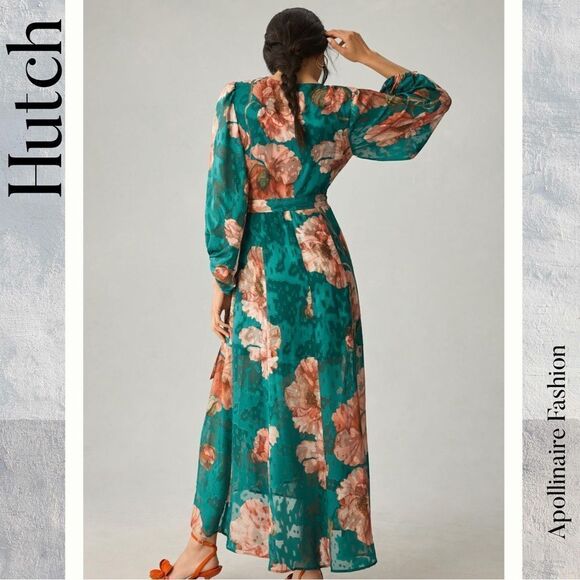 HUTCH FOR ANTHROPOLOGIE LINDIE WRAP MAXI DRESS LARGE PETITE FLORAL GREEN COMBO - Picture 6 of 9